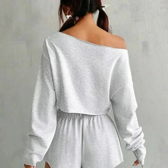 Grey Casual Women's Summer Solid Color Crop Top And Shorts Set - Picture 3 of 6